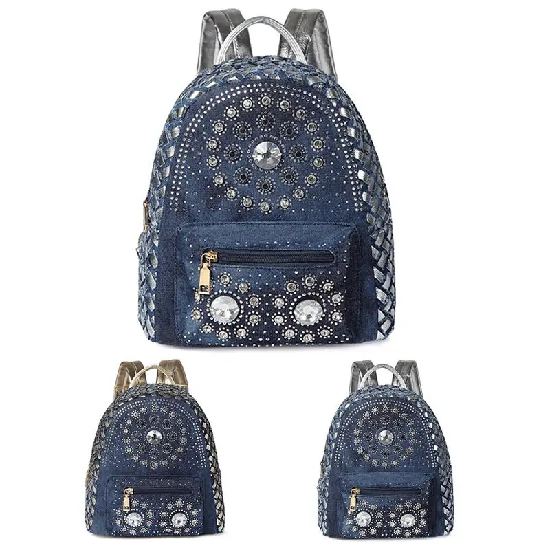 Модный женский рюкзак с заклепками, стразы, джинсовые рюкзаки для девочек-подростков, женская школьная сумка через плечо, рюкзак mochila