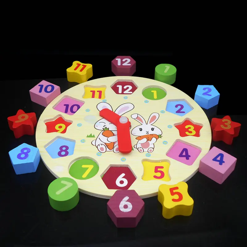 Free shipping cartoon rabbit clock geometric shape matching children s wooden educational font b toys b