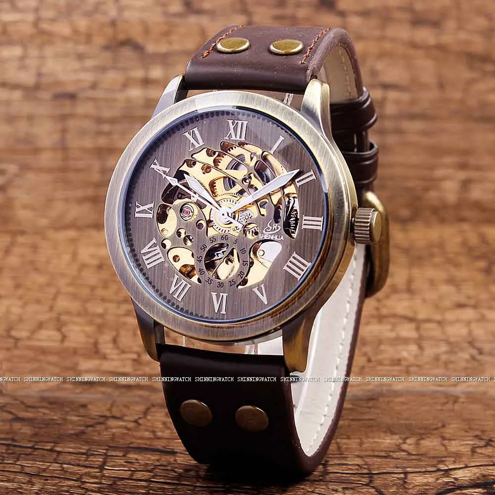 Топ бренд механические часы Мужские Модные Ретро Бронзовый Скелет автоматические механические часы кожаные Наручные часы Reloj Hombre
