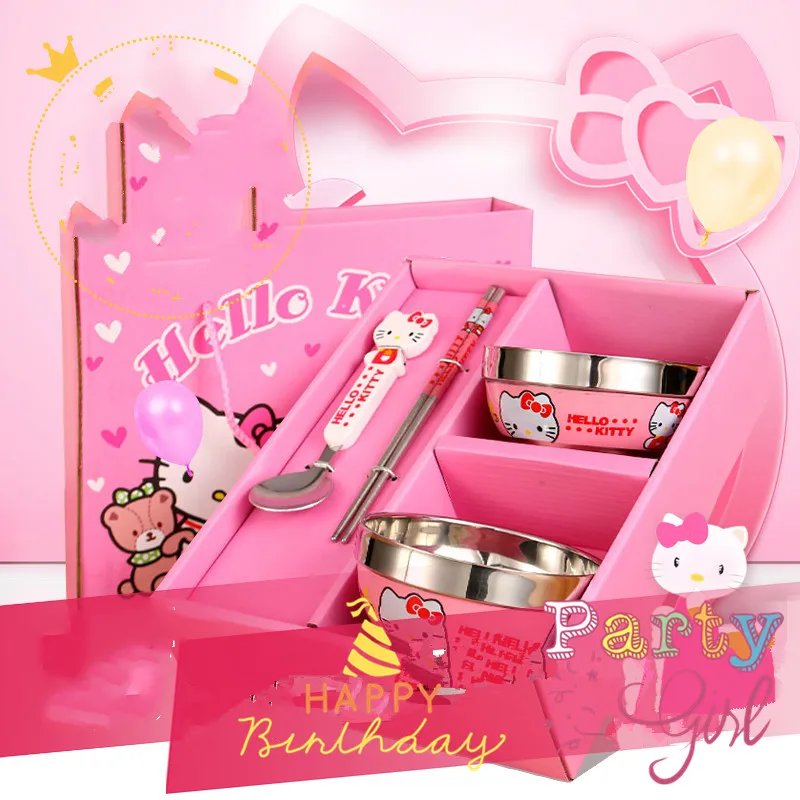 

Fashion Lunch Kitchen Bar Container Cookware Hello Kitty Cute Stainless Steel Children Tableware Lunch Dinnerwear Sets