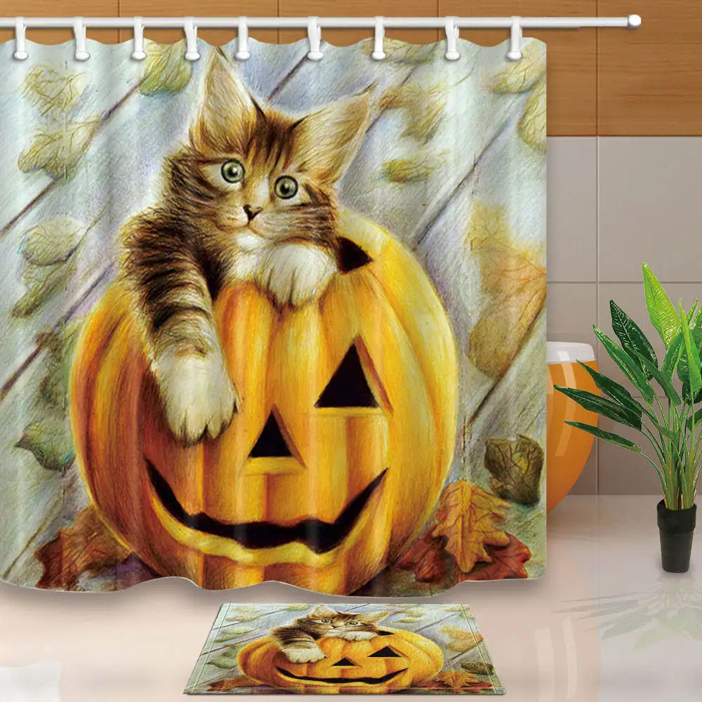 High Quality Shower Curtains Cute Cat in Pumpkin Halloween Bathroom