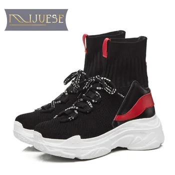 

MLJUESE 2019 women ankle boots Knitting Rome style autumn spring mixed colors female boots strange heel women boots