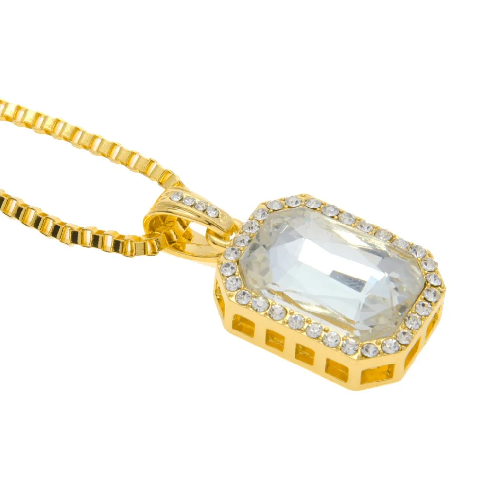 Men/'s Iced Out Hip Hop Gold Silver Square White Stone Pendant Necklace