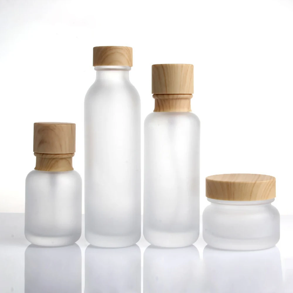Модные матовые бутылки сыворотки 110 мл матовые стеклянные банки с деревянной крышкой для косметической упаковки