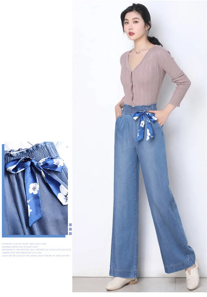 Женские джинсы больших размеров 4XL из Tencel, повседневные свободные джинсы с высокой талией и широкими штанинами, эластичные Широкие штаны с бантом на талии, летние джинсовые штаны для мам