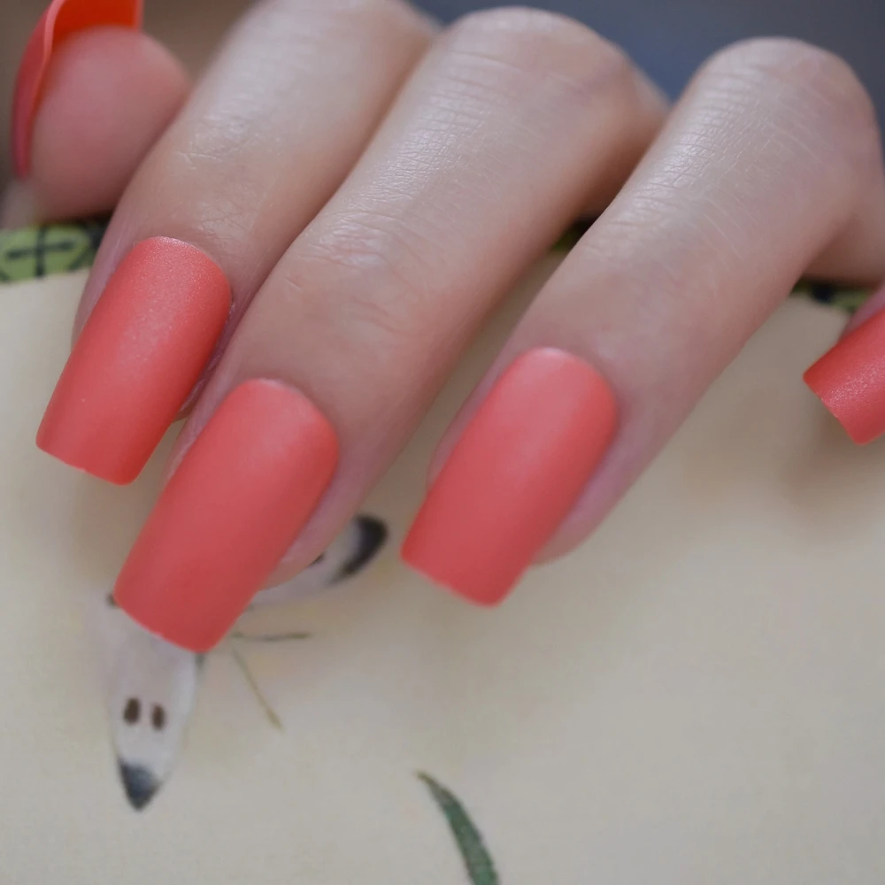 Square Long Thick Fake Nails Matte Coral Red Slim Frosted Designed Press On  Fingernails With Adhesive Tape - False Nails - AliExpress