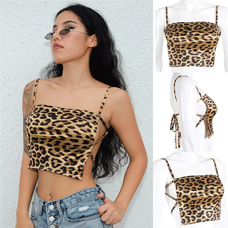 

Sexy Womens Summer Leopard Camis Tanks Crop Tops Ladies Backless Tees Bandeau Sleeveless Vest Camis Tops Clubwear