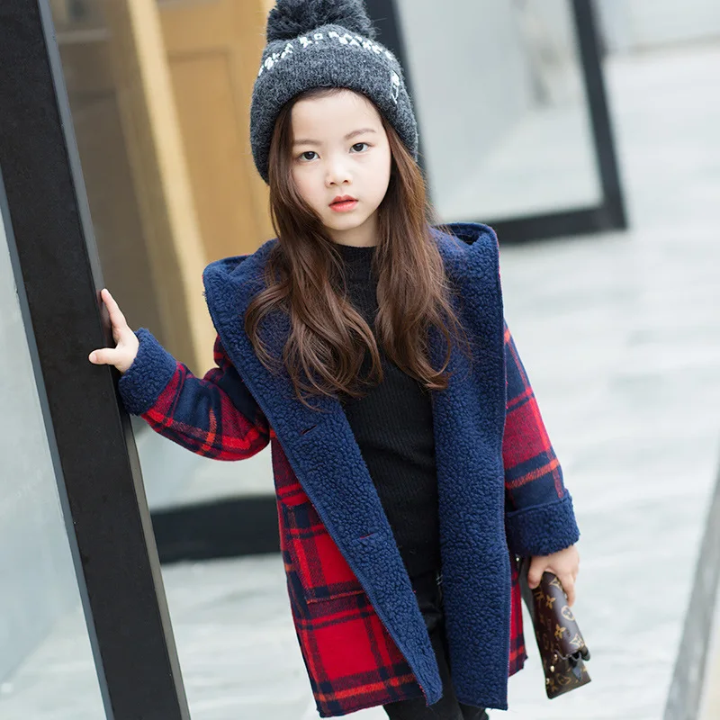 

Korean Children's Jackets for girls Winter Warm Thick Lambswool Coat for girl Teenager Plaid Trench Outerwear Children Clothing