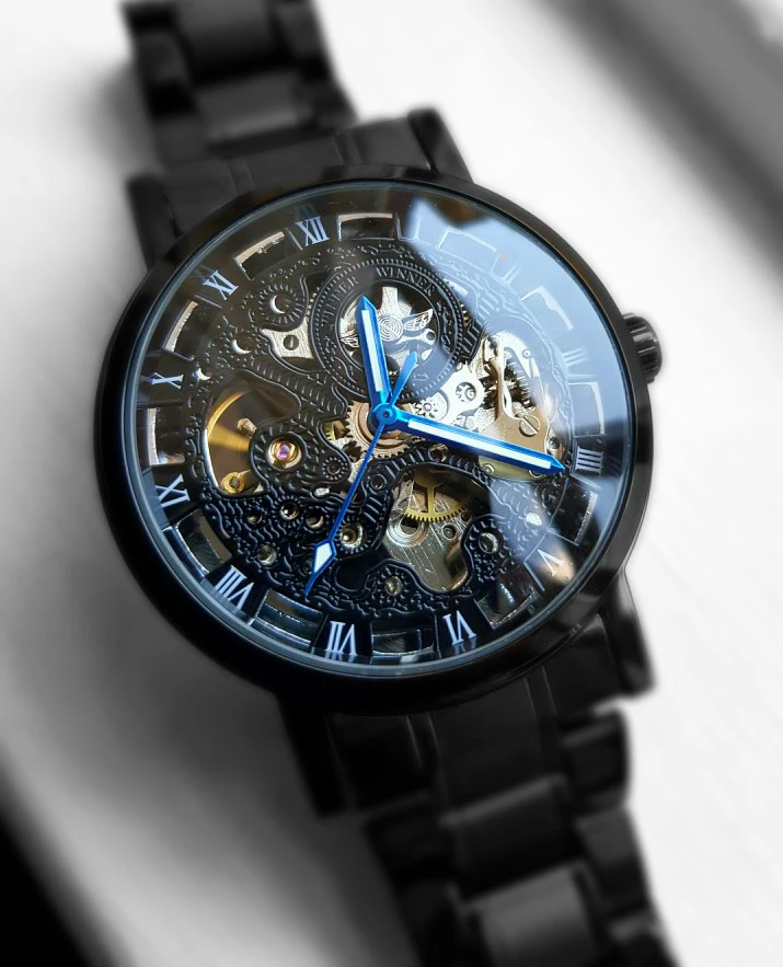 Winner Skeleton Black Stainless Steel Blue Hands Luminous Mens Watches Top Brand Luxury Watch Men Montre Homme Automatic Watches