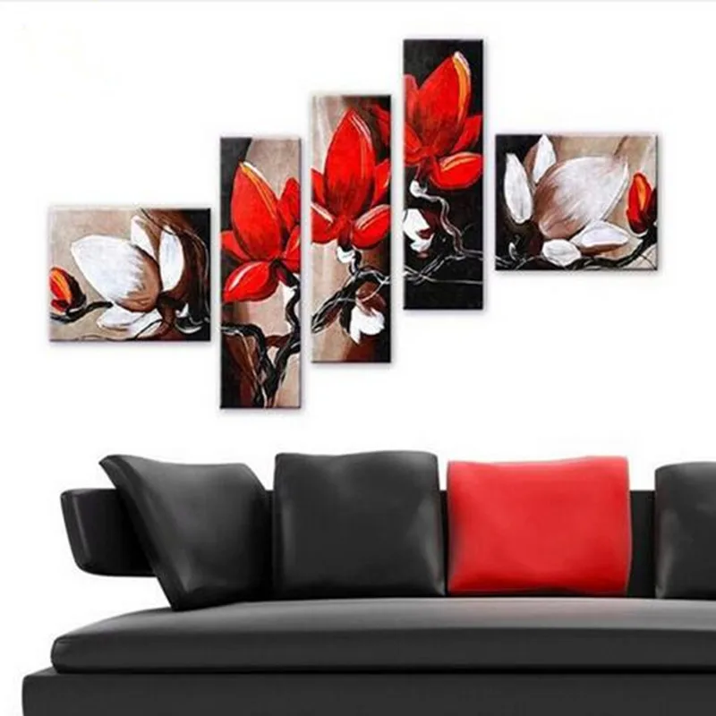 

5 Panel Pictures Set Hand-painted Abstract Red Flower Oil Painting Modern Home Decor Wall Art Acrylic Floral Paintings on Canvas