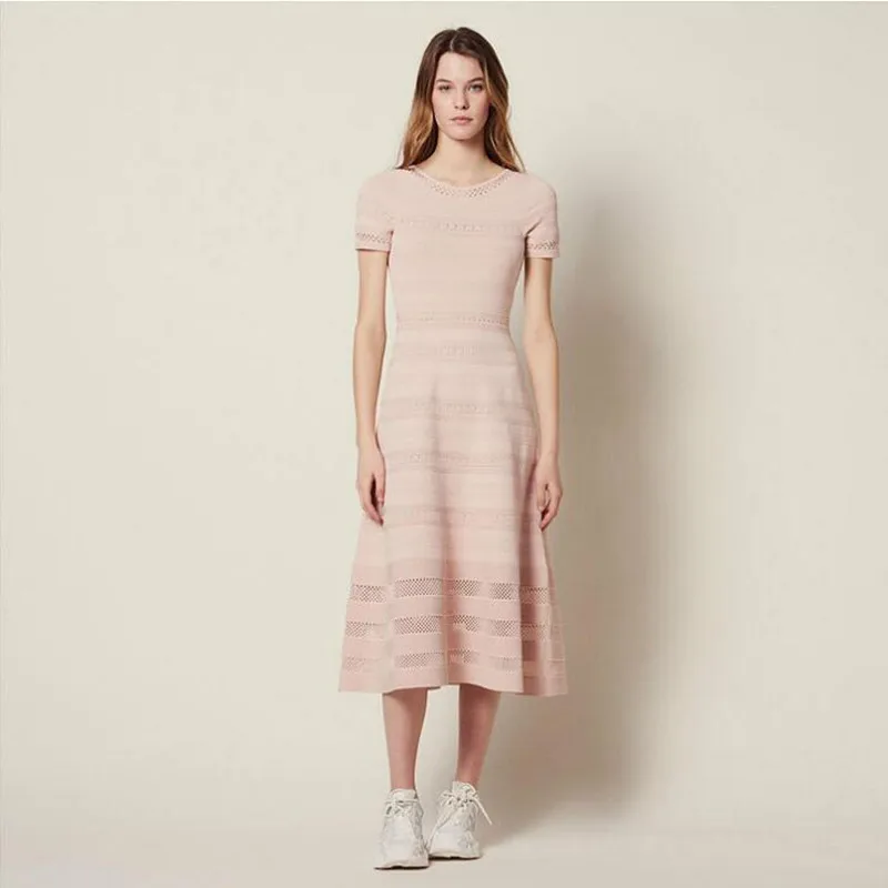 

2019 New Women Pink Hollow Out Short Sleeve Long Dress