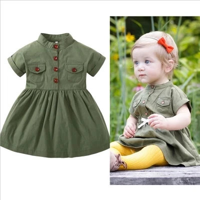 

2018 New Baby Girls Dress Army Green Short Sleeve Summer Casual Princess Dresses Summer Children Clothing Baby Dress 0-4 Years