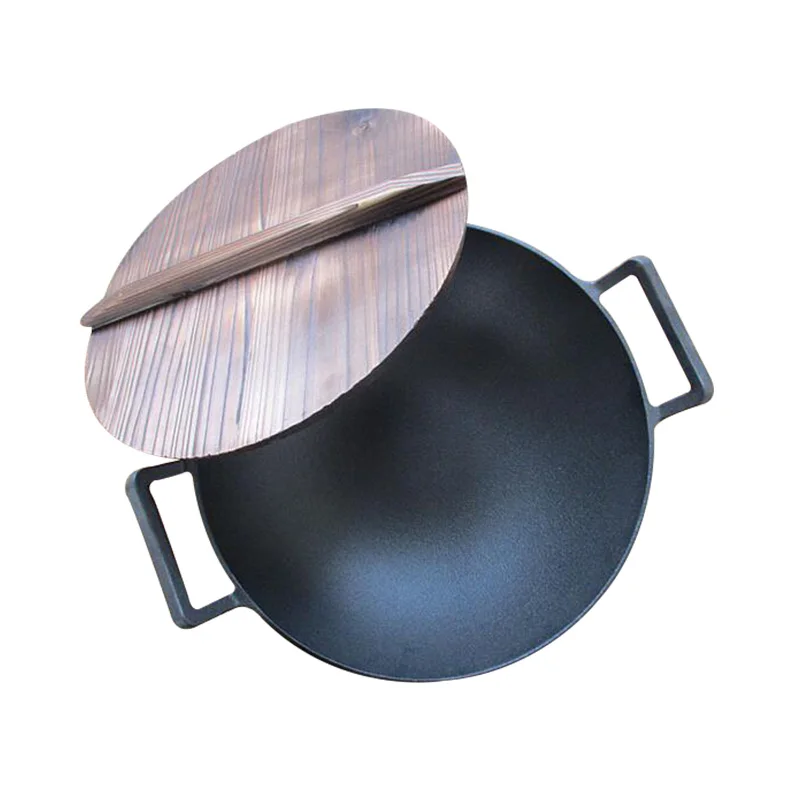 

ZITING 36cm Cookware Cast Iron Wok Chinese Woks Non-stick No Smoke Stir Fry Cast Iron Fried Meat Vegetable With Wood Pot Cover