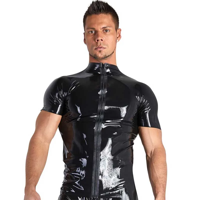 Sexy Gothic Short Sleeve Unisex T-shirt Adult Black Wetlook Faux Leather Shirt Shiny Vinyl PVC Undershirt Clubwear Stage Costume (4)