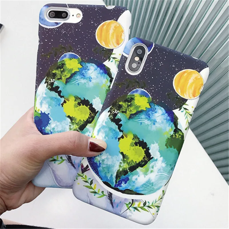

Painted Earth Matte Scrub Phone Case For iPhone X 6 6S 7 8 Plus For iPhone X Cases Luxury Cartoon Planet Cover Fundas Capa