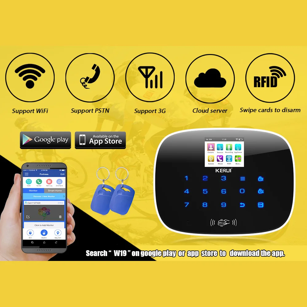 KERUI nuevo W193 inalámbrico 3G WIFI PSTN GSM inteligente hogar sistema de alarma antirrobo de seguridad juegos APP Control remoto táctil pantalla de alarma