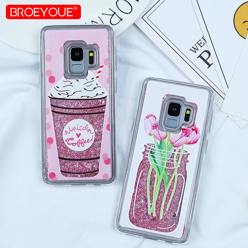 

Soft TPU Silicone Case For Samsung S9 Quicksand Gitter Liquid Phone Case Transparent Shining Flowers Case For Samsung S9 Case