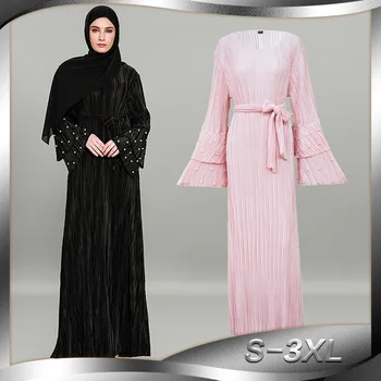 

Women Muslim Dress Islamic Abaya Pleated Dress with Perle Beading Pearl Decoration Black / Pink