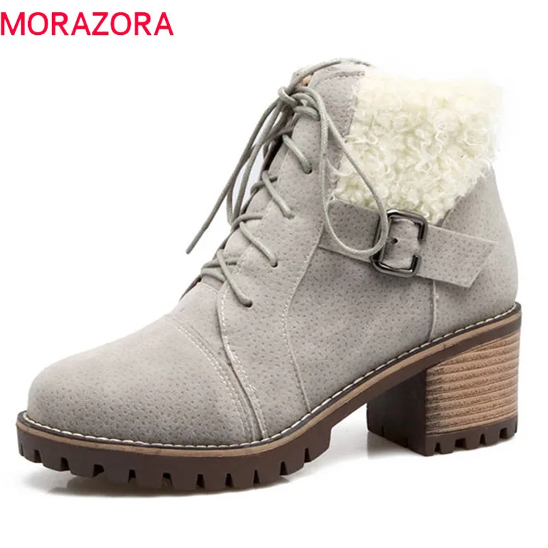 

MORAZORA 2020 new arrival flock round toe ankle boots for women lace up fashion punk shoes autumn winter boots high heels shoes