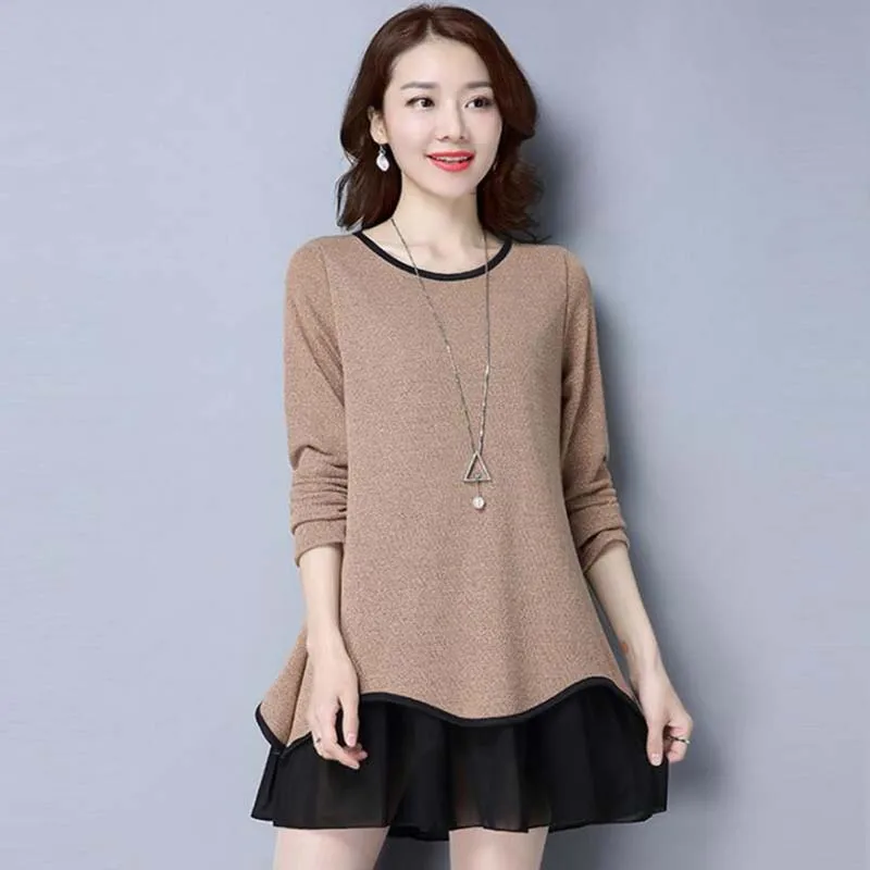 Весенне-осенняя женская футболка, Свободный корейский стиль, женская футболка с круглым вырезом и длинными рукавами, модные повседневные новые женские топы