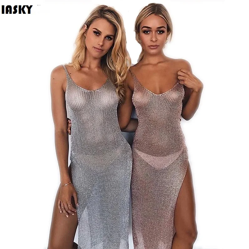 2017 Shiny Knitted hollow Bikini Cover Up Summer Dress Swimwear Kaftan