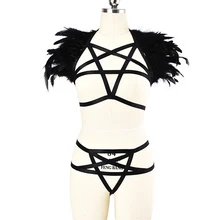 JLX. Жгут черное готическое женское белье с перьями пояс для тела топ клетка бюстгальтер набор и сетка вышивка прозрачный жгут сексуальные стринги