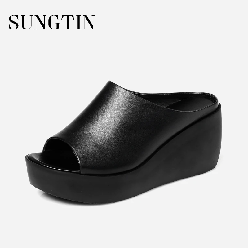 

Sungtin 2018 New High Quality Genuine Leather Platform Slippers Women Simple Comfortable Peep Toe Wedges Shoes White Black