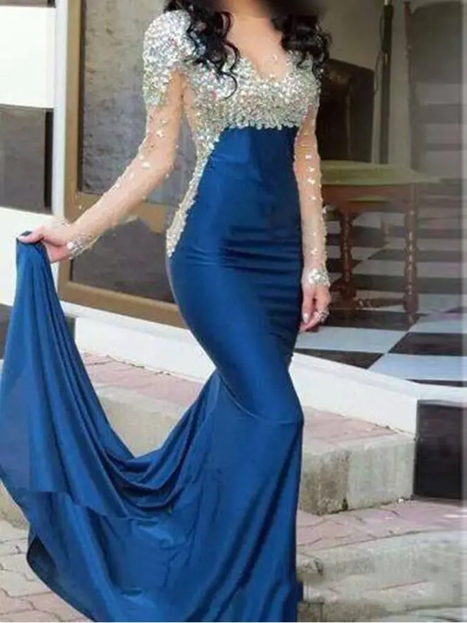 

robe de soriee Scoop Long Sleeves Beading Mermaid Formal Dresses Sexy Sheer Long Evening Prom Party Gowns Vestido De Noiva