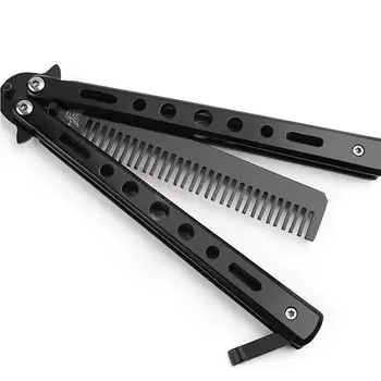 

Black/Silver Cool Salon Combs Foldable Hair Comb Stainless Steel Practice Butterfly In Knife Trainer Outdoor Camping Knife Comb