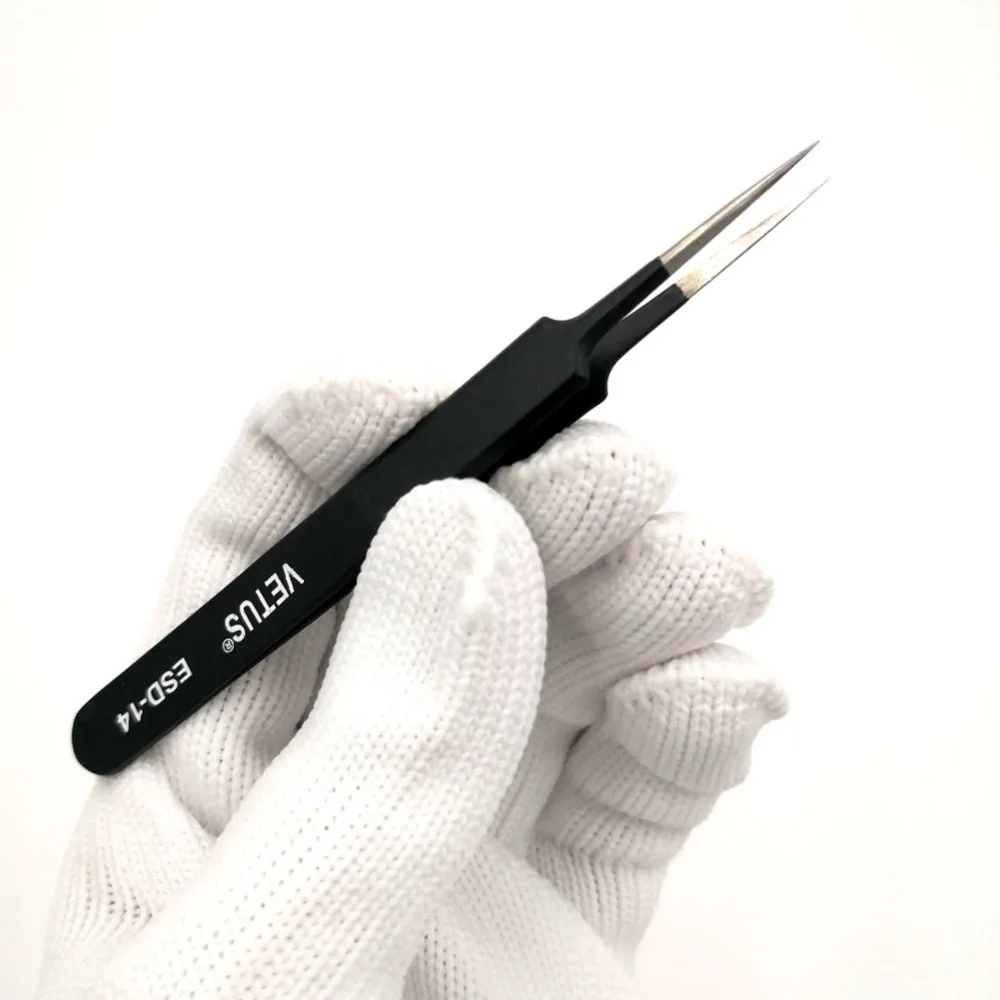 VETUS ESD Series Electro-Static Discharge Stainless Steel Tweezers Anti-static Antimagnetic Repair Process Components 1 Pcs