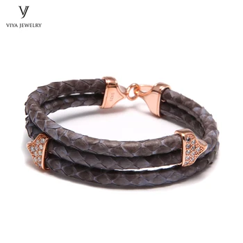 

Luxury 925 Silver Buckle Bracelet With Grey Python 925 Sterling Jewelry Grey Python Leather Bracelet Black Color Metal For Men