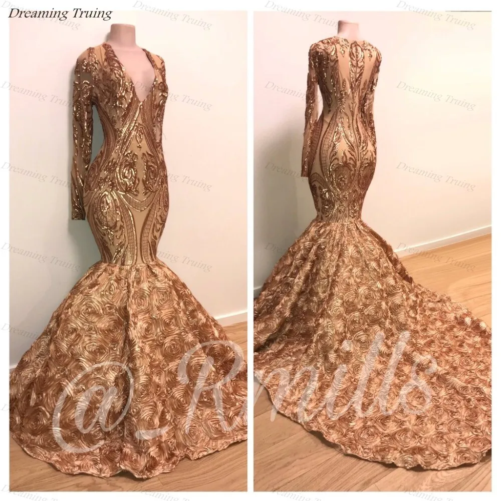 

Glamorous Gold Sequins Long Sleeve Prom Dress 2019 Mermaid African Black Girls Long Graduation Evening Gowns With Flowers Bottom