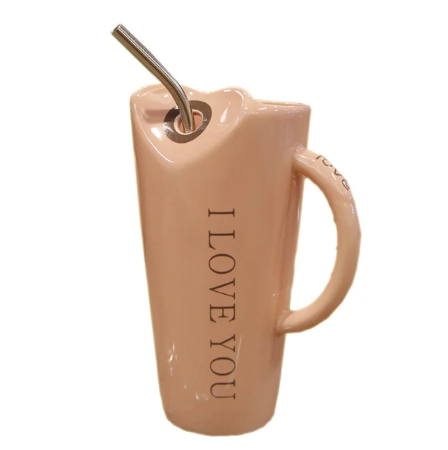 

Cute Personality Ceramic Mugs With Straw&Spoon Sweetheart Ice Cream Cup High Capacity Coffee Milk Tea Cup Home Drinkware LF56