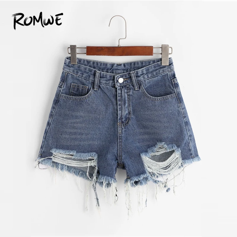ROMWE Frayed Edge Denim Shorts 2019 Blue Solid Basic Zipper Fly Summer
