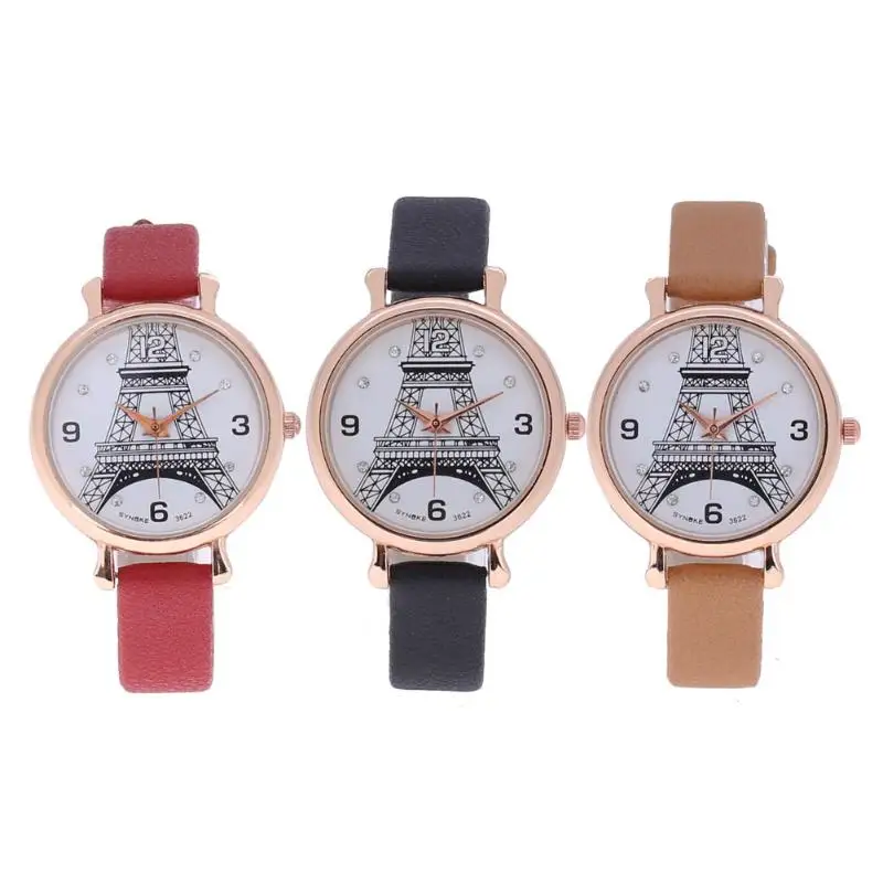 

Brand fashion leather quartz watches Eiffel Tower casual ladies clocks 30m waterproof black white red coffee band women watch