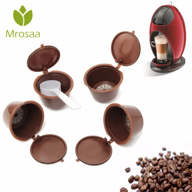 Cheap 4Pcs/set Nescafe Gusto Refillable Coffee Capsule Cups Plsatic Reusable Dolce Gusto Coffee Capsule Filter With Spoon Coffeeware
