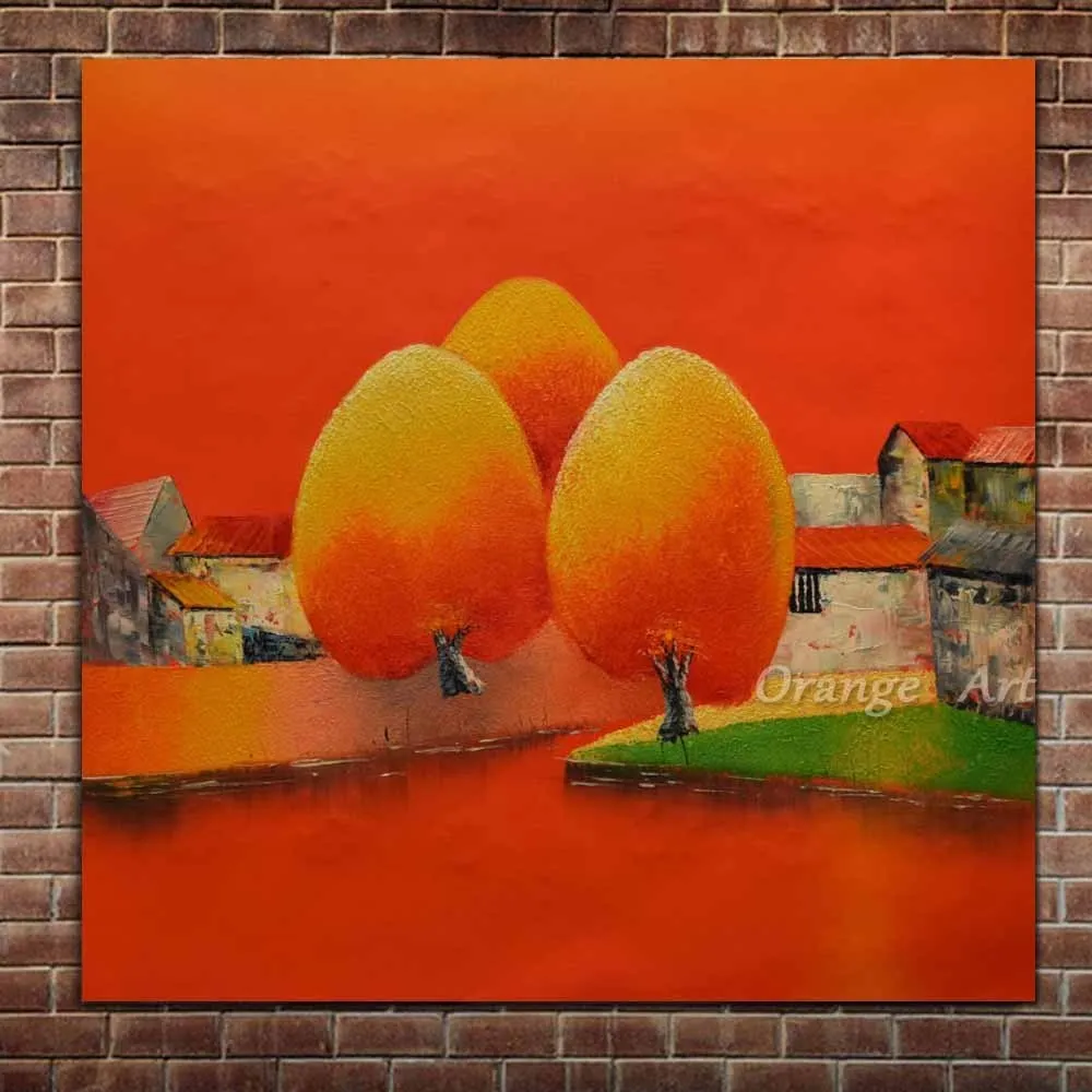 

Hand Painted Abstract Cartoon Trees andscape Oil Paintings On Canvas Red Tree Wall Picture For Children's Room Home Wall Decor