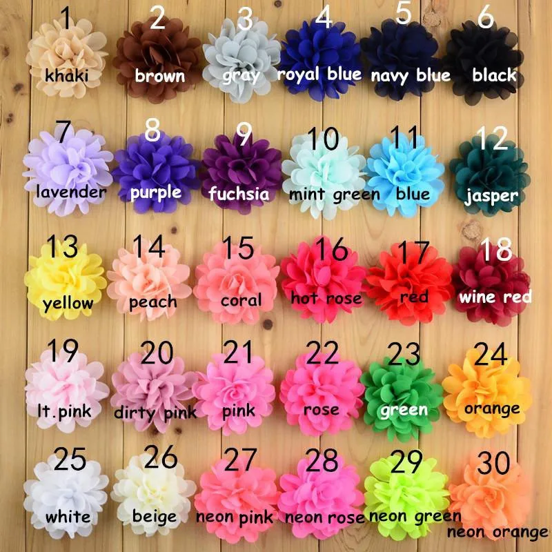 30 шт./лот, 7 см, очень красивые искусственные шифоновые заколки для волос с цветами, 30 цветов, плоская задняя часть, цветочные, для DIY, детские повязки на голову, MH70
