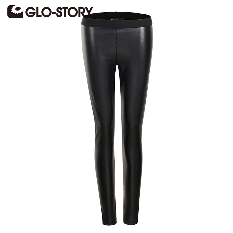 

GLO-STORY Black Sexy PU Leather Pants for Women 2018 Skinng Low Waist Solid Elastic Waist Fashion Ladies Pencil Pants 4380
