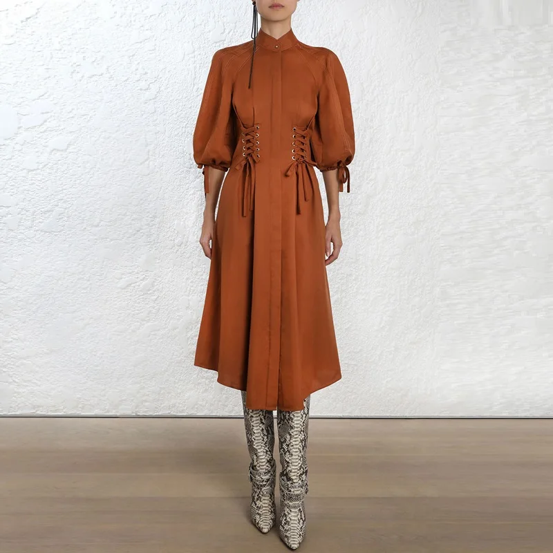 

2019 Spring ZIM Designer Runway Dress Women Vintage Bandage Bow Midi Dresses Female Holiday Dress
