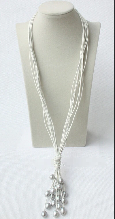 

shipping 10strands 28" Drop rice gray pearls white leather necklace E1958