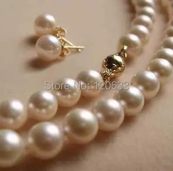 

8-9MM White Akoya Pearl Necklace +Earring AAA 17.5" hook wholesale women's jewelry