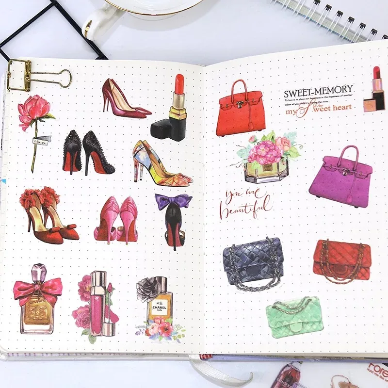 

6 pieces Self-made Paper Fashion Cosmetics Sticker Shoes and Bags washi paper Sticker/ DIY decoration handbook sticker