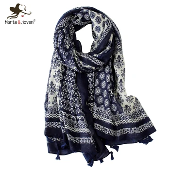 

Marte&Joven Elegant Floral Print Navy Blue Women Scarves Comfortable Spring Autumn Pashmina Wrap Ladies Thin Patchwork Scarf