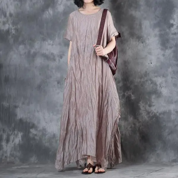 BUYKUD 2019 Women's Vintage Maxi Dresses Short Sleeve Loose Dress For Women Solid Beige Grey Cotton Linen Clothes Vestido (3)