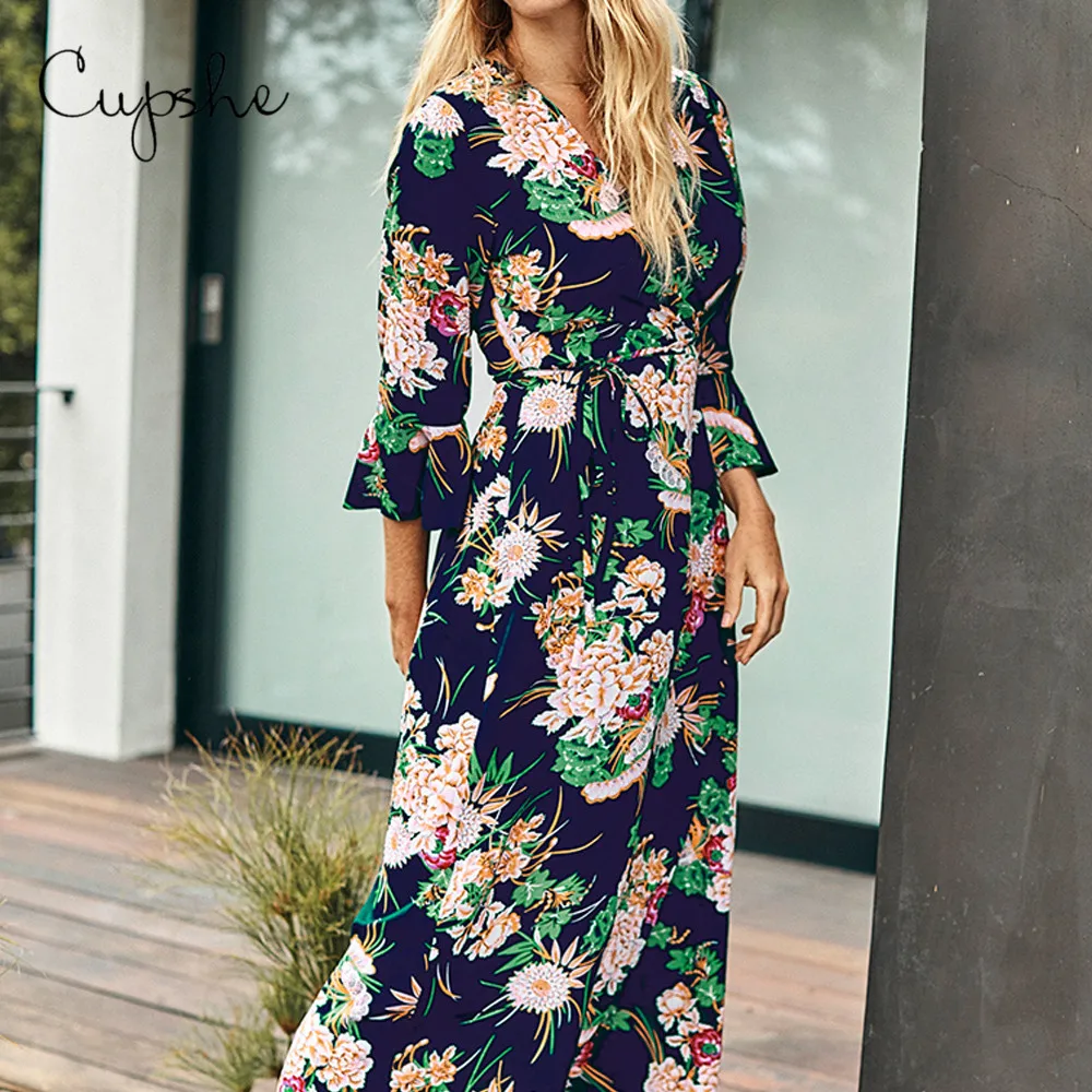 CUPSHE Women's Floral and Leafy Print V neck Long Maxi Dress 2020 New