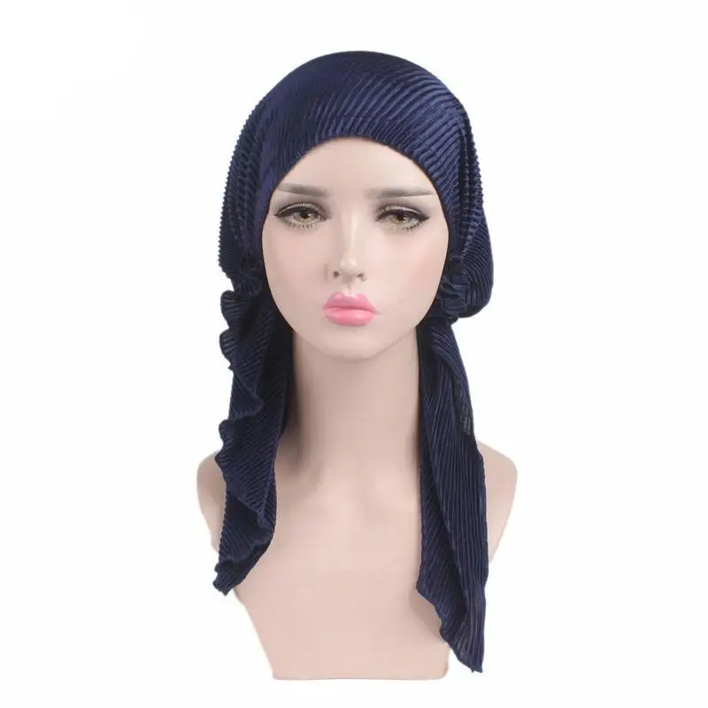 Мусульманская женская хлопковая шапка от выпадения волос от рака химиотерапия шапка-тюрбан шапка исламский головной убор длинный хвост гофрированная предварительно завязанная бандана Tichel головной убор