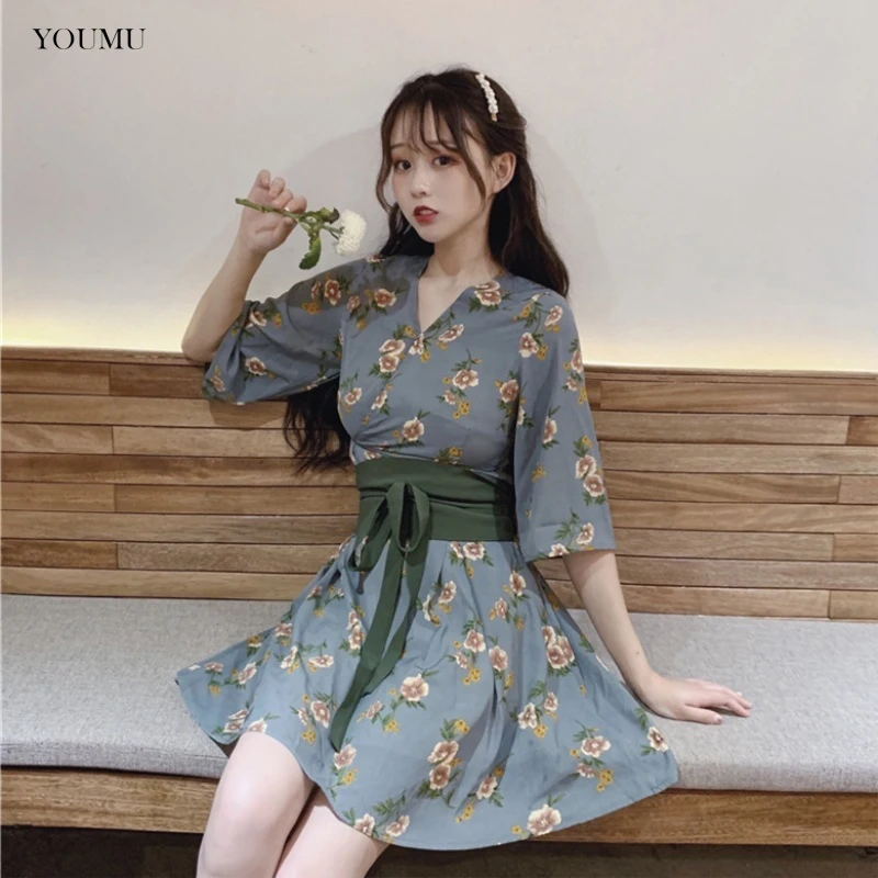 Women Japanese Kimono V-neck Vintage Floral Print Dress Hipster Chic Summer Dress New Women's Dresses Short Mini Dress 233-208
