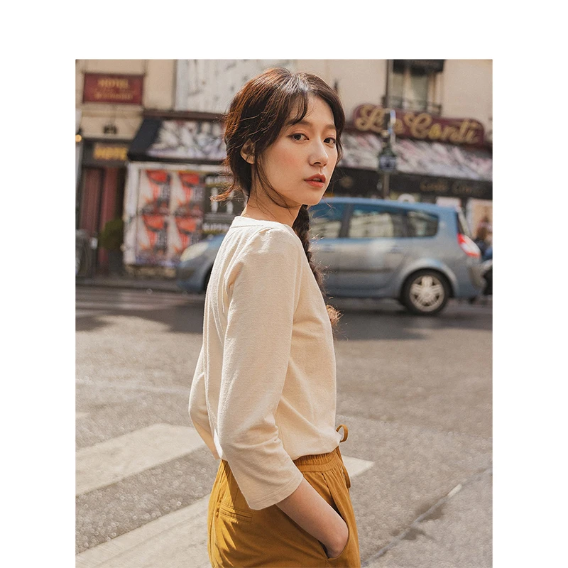  INMAN Spring Autumn Elegant Boat Neck Embroidery Minimalism All Matched Casual Three Quarter Sleeve