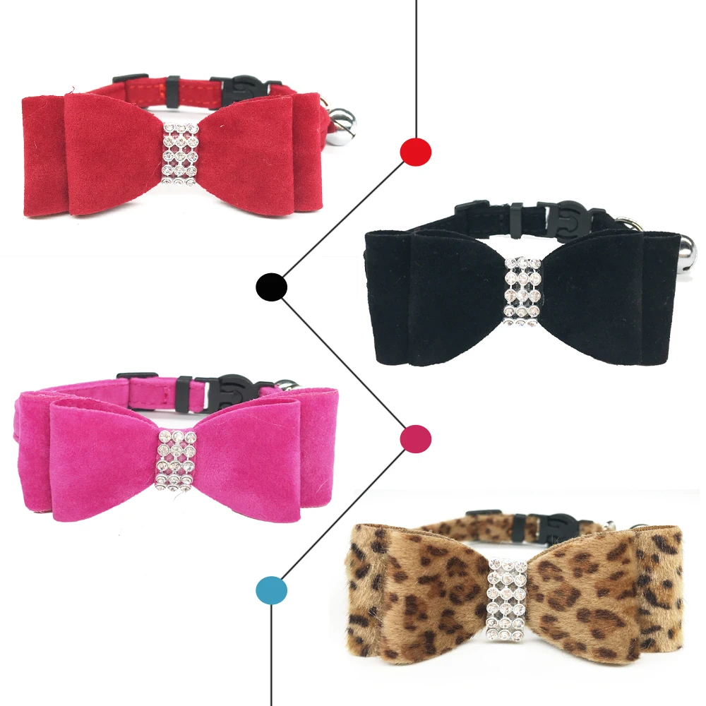 

Bow and Bell Soft Velvet Material Cat Collar Baby Puppies Dog Safety Elastic Adjustable for Small Dog Red Rose Black